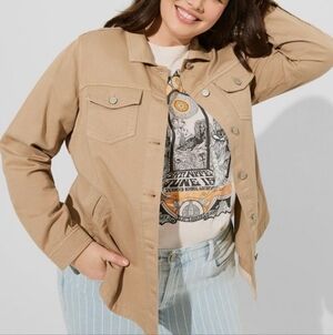 🏷️Torrid Plus Denim Shacket Button Up Jacket Safari Khaki Tan Size 3X